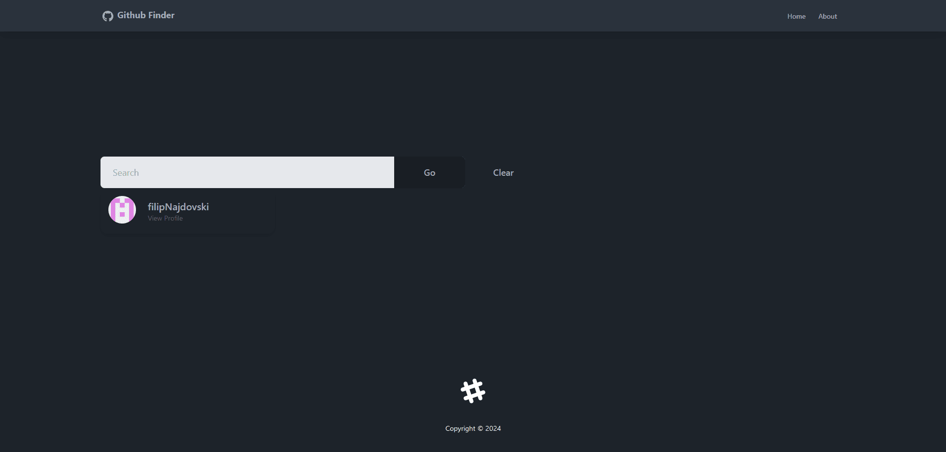GitHub Finder search interface with a user result