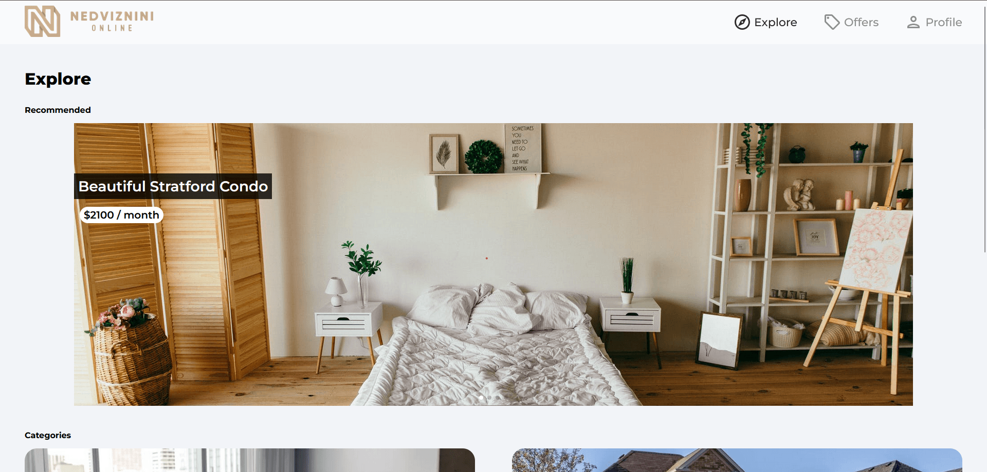 Nedviznini Online explore page showing property listings